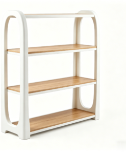 White frame wooden curved vertical storage shelf